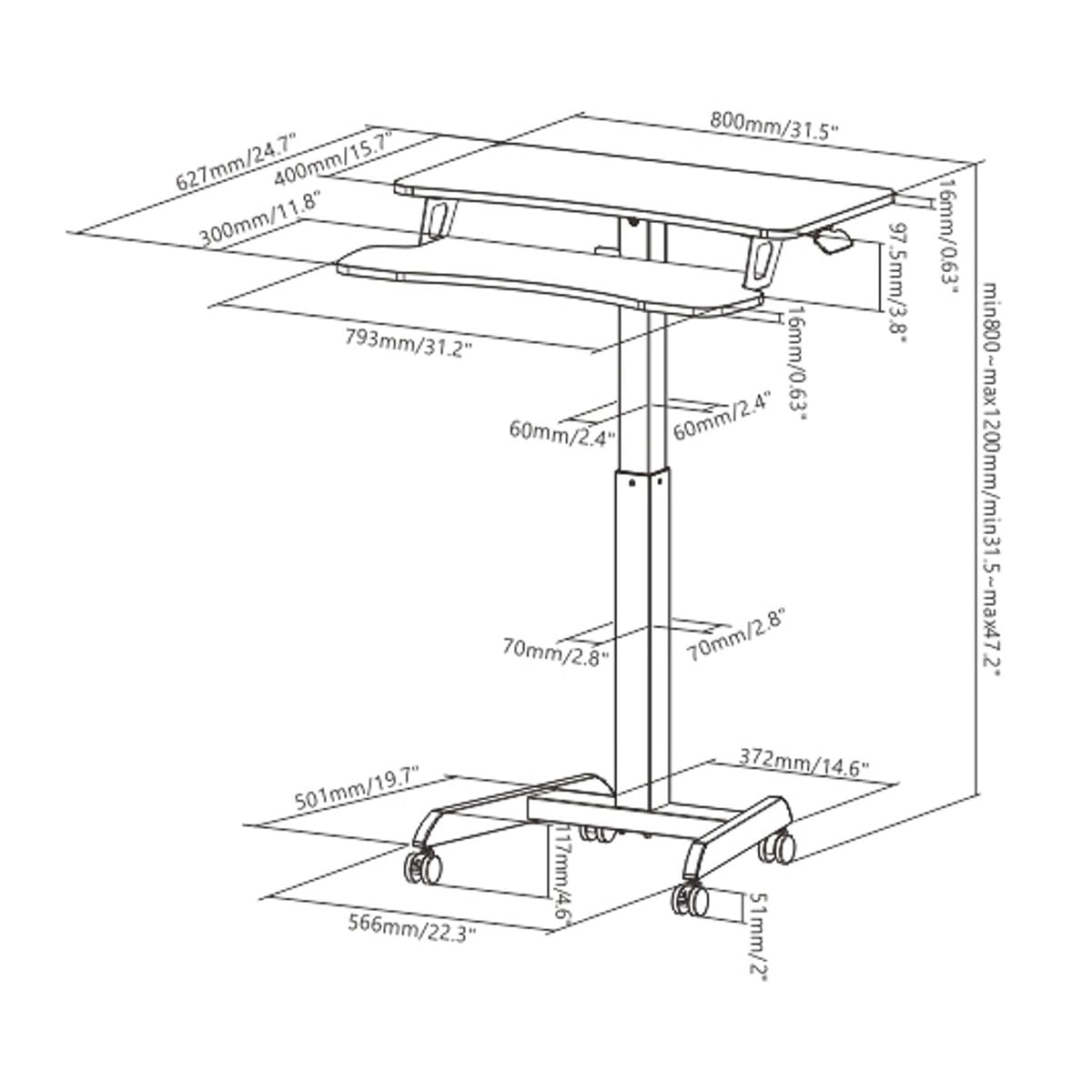 Properav Mobile Two Tier Sit-Stand Desk Workstation 800x400mm Gas Spring Height Adjust 800-1200mm using Pedal with Keyboard Tray for Windows & Mac