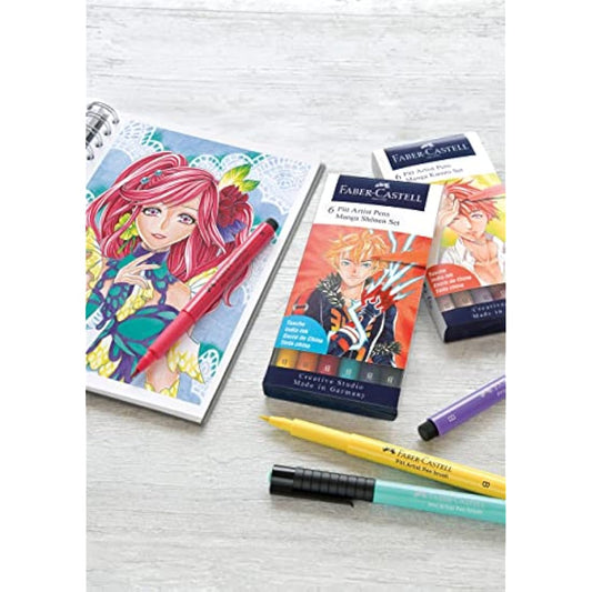 Faber-Castell Creative Studio Pitt Artist Pen Brush India Ink Pen, Shônen, Wallet Of 6, For Art, Craft, Drawing, Sketching, Home, School, University, Colouring