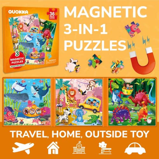 QUOKKA Magnetic Puzzles for 2 3 Year Olds - Travel Games for Kids Age 4 5 - Travel Toys for Toddlers on Plane Car Ride - 36 pc Jigsaw Animal Games For 3 year olds - Plane Activities For Kids