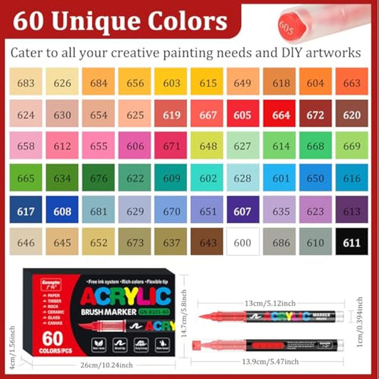Gelanty Acrylic Paint Pens, 60 Colors Paint Markers with Flexible Brush Tip, Direct Liquid Acrylic Pens for Rock Painting, Ceramic, Wood, Glass