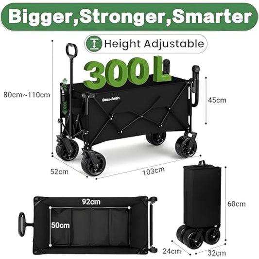 BEAU JARDIN XXL Festival Trolley Beach Cart - 220L 230KG(500LBS) Heavy Duty Folding Wagon All-Terrain Utility Wide Wheels for Camping & Shopping | Push & Pull Handle | Portable Collapsible | Black