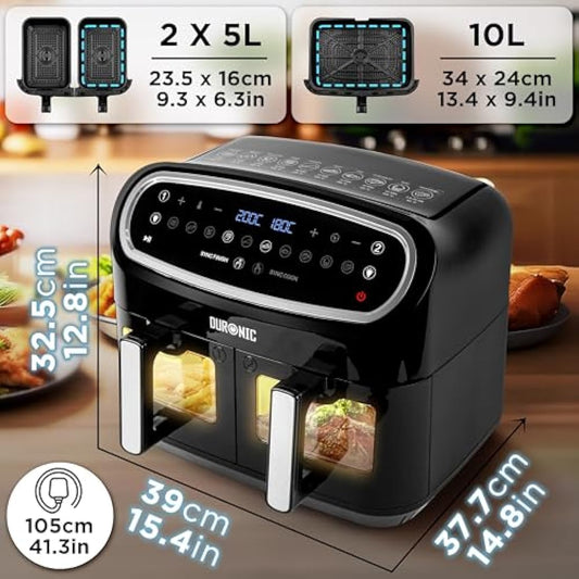 Duronic AF34 BK Triple Drawer 10L Digital Air Fryer with Visual Window, Dual Zone, 10-in-1 Large Drawer AirFryer for Family, Uses No Oil, Air Fry, Roast, Bake, Dishwasher Safe Non-Stick Baskets, Black