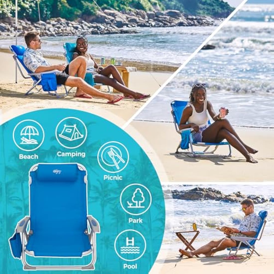 #WEJOY 4-Position Adjustable Beach Chair for Adults, Folding Low Camping Chairs Aluminum Lightweight & Portable, High Back Pillow Pocket Outdoor Reclining Garden Chair