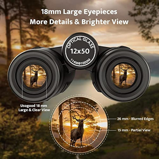 Binoculars for Adults Bird Watching usogood 12x50 High Power Binoculars for Stargazing, Traveling, Hunting and Hiking with Tripod Phone Adaptor for Photography - BaK-4 Prisms, FMC Lens Black