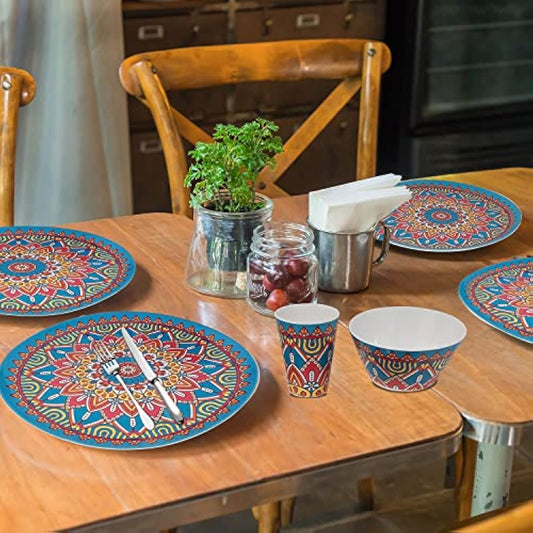 WedDecor Melamine Dinnerware Sets for 4 People for Indoor Outdoor BBQ Garden Picnic or Camping Use, Durable and Lightweight Melamine Dinner Set with Moroccan Design Plate Bowl & Cups (Set of 16Pcs)