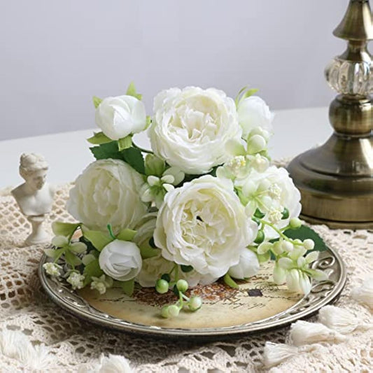 FADACHY 4 Bunches White Real Touch Silk Peonies Artificial Flowers - Lifelike Wedding & Home Table Decor, Garden Centerpieces & Indoor/Outdoor Arrangements