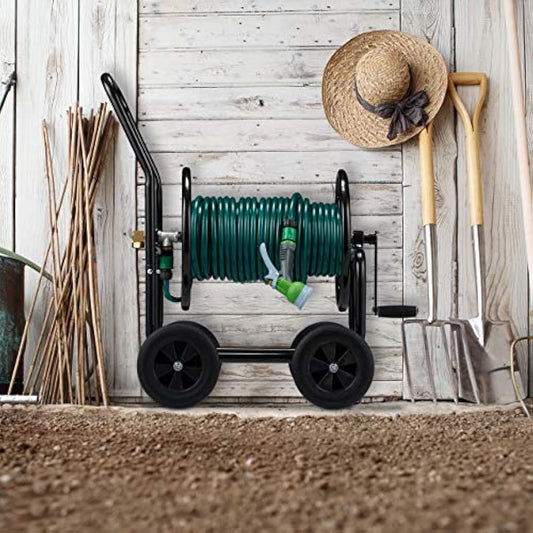 Relaxdays Hose Cart Metal, 4 Rubber Wheels, XL Garden Hosepipe Trolley, Crank, Holds 60 m, HWD 81 x 48 x 80 cm, Black, Steel
