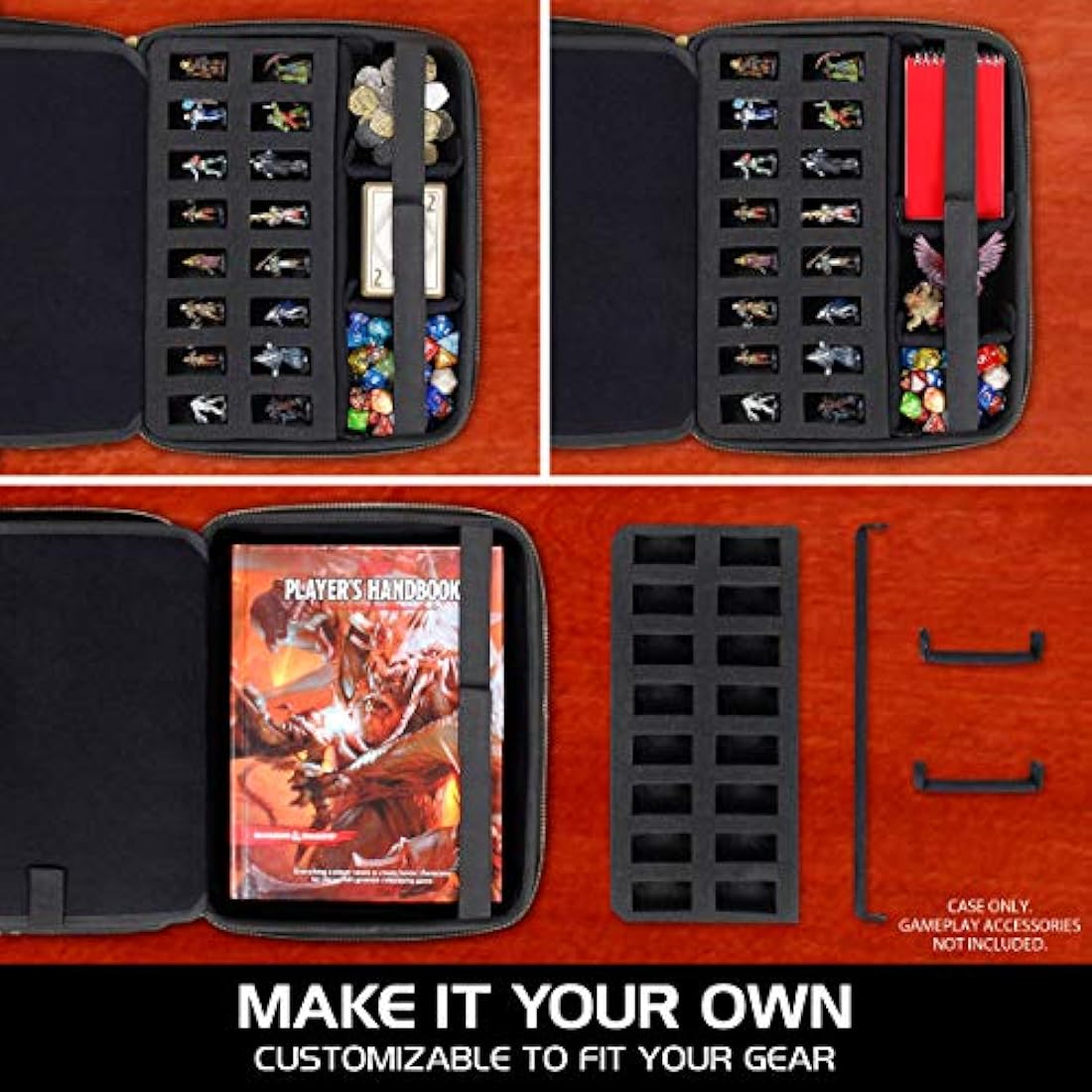 ENHANCE RPG Organizer Case - DND Binder with Built-in Character Sheet Holder and Erasable Scribe Panel, Dice Rolling Area, Removable Pen Pouch, Miniature Foam Tray, Wrist Strap, and More (Black)