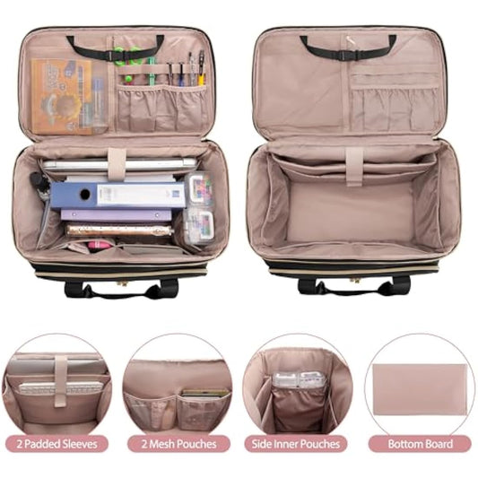 Prokva Rolling Teacher Bag with Wheels, Detachable Trolley, Fits 15.6” Laptop & Supplies, Black Patent Design