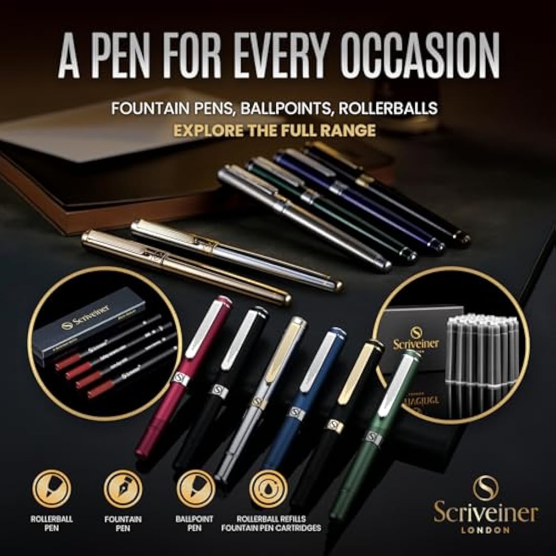 Scriveiner Luxury EDC Fountain Pen (Medium), Stunning Matt Blue Pocket Pen, Chrome Finish, Schmidt German Nib, Converter, Best Writing Pen Gift Set for Men & Women, Nice Fancy Office Designer Pen