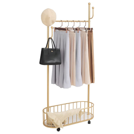 Cre Cra Golden Clothing Rack with Wheels Rolling Clothes Rack with Storage Basket Metal Moveable Coat Rack Stand Modern Garment Rack for Hanging