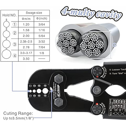 iCrimp Hand Swage Wire Rope Crimping Tool, Compatible with Aluminum Duplex Hourglass Sleeves and Copper Duplex Sleeves, Built-in Cable Cutter for 1.2mm to 3.5mm Wire Rope