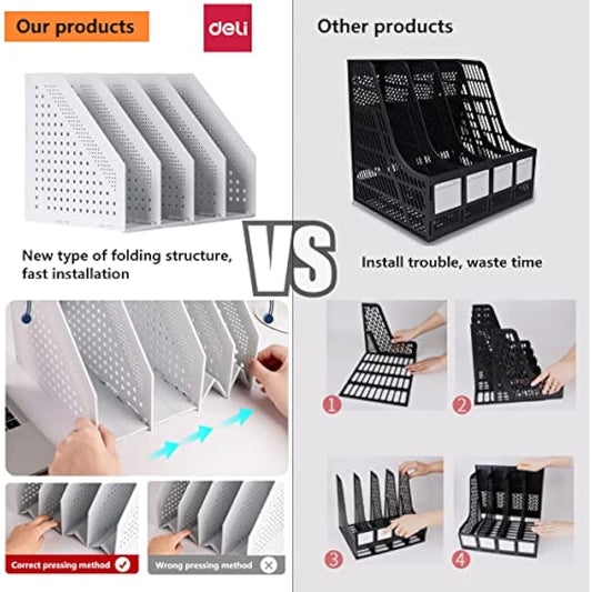 Sivelike A4 File Holder Folding Bookshelf,1 Year Warranty,4 Vertical Compartments magazine file holder,Desk Organizer Document Folder for Office Organization and Storage (Dark gray)