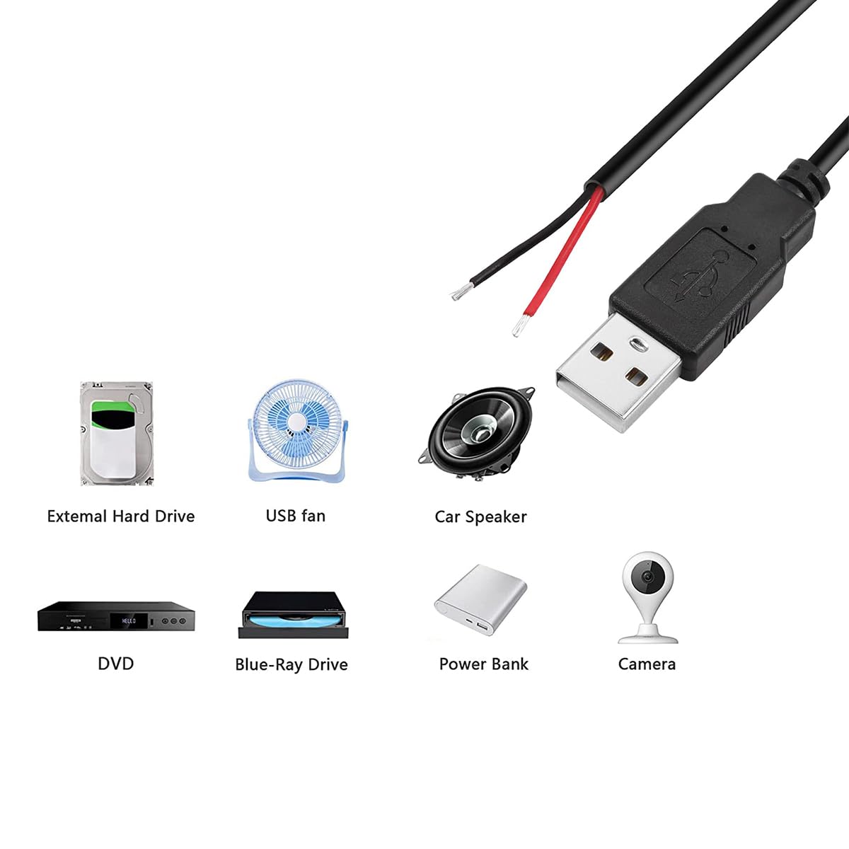 VOANZO 1 M USB 2 Pin Bare Male to Bare Wire Cable 2 Pin Male Connector for Custom Wiring, DIY Electronics Power Supply and Sensor Applications