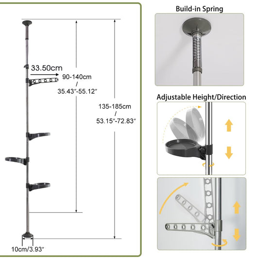 Hershii Indoor Plant Stand Pole Tension Rod Corner Standing Shelf Adjustable Flower Pots Holder Display Rack with 1 Hook & 3 Trays - Grey