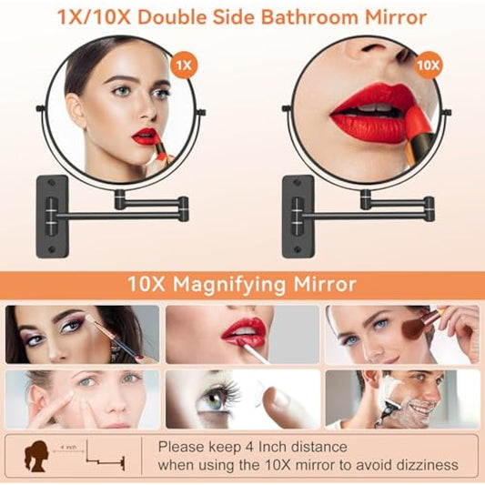 AumVum 8 inch Makeup Mirror Wall Mounted, 1X/10X Double-Sided Wall Mount Magnifying Bathroom Shaving Mirror with Extendable Arm, 360° Swivel for Bathroom Vanity and Makeup, Matte Black(No Light)