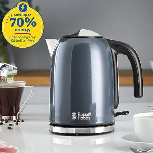 Russell Hobbs Grey Stainless Steel 1.7L Cordless Electric Kettle with black handle (Fast Boil 3KW, Removable washable anti-scale filter, Pull to open hinged lid, Perfect pour spout) 20414