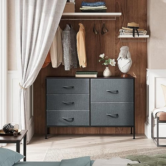WLIVE Chest of Drawers, 5 Fabric Drawers Cabinet with Easy Pull Handle, Wood Top and Sturdy Steel Frame, Fabric Drawers Storage Unit for Bedroom, Living Room, Black Walnut
