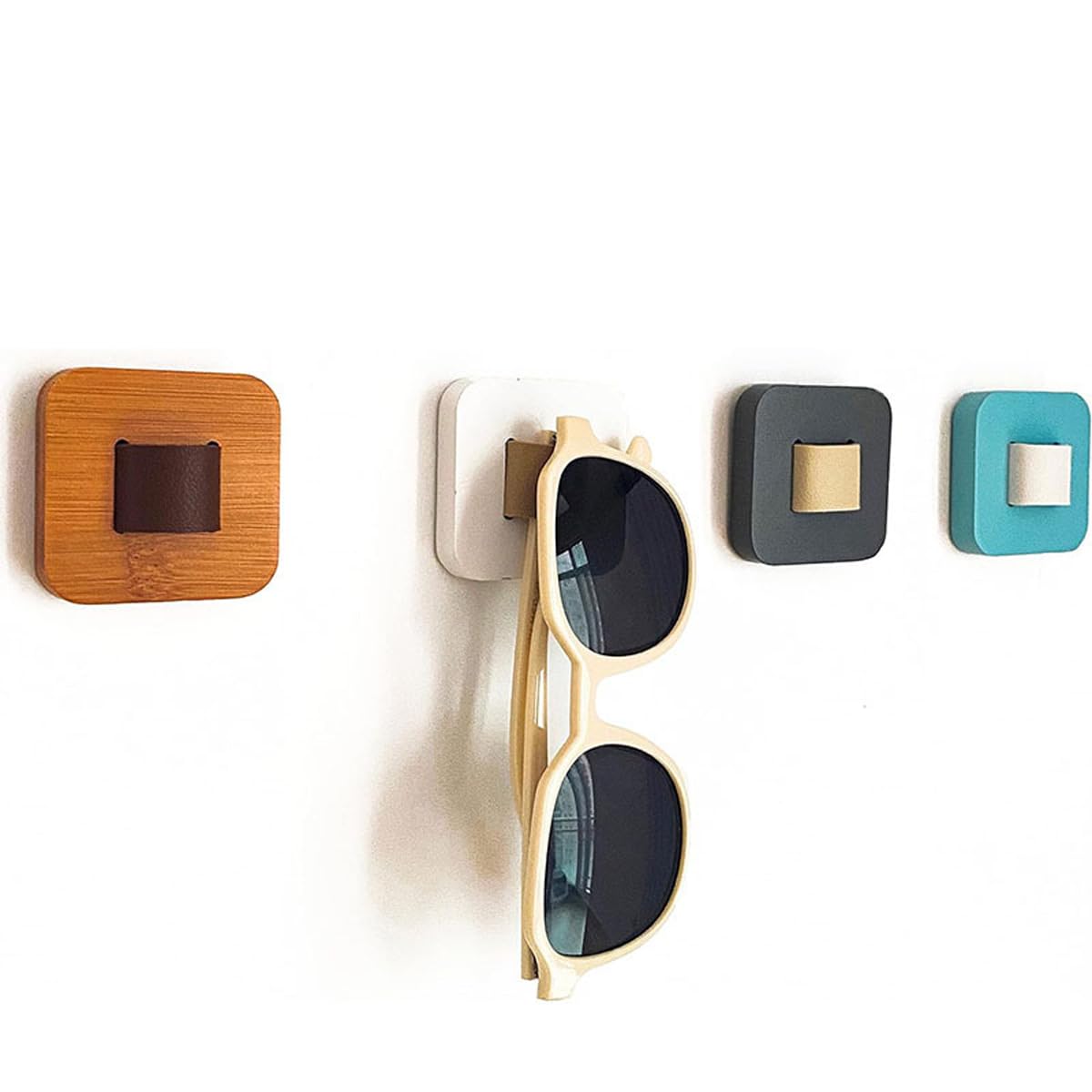 Enwye Wooden Wall Mounted Eyeglass Holder Set 4 Colors Brown Black White Blue 2.16 Inch Square Organizer for Home Office