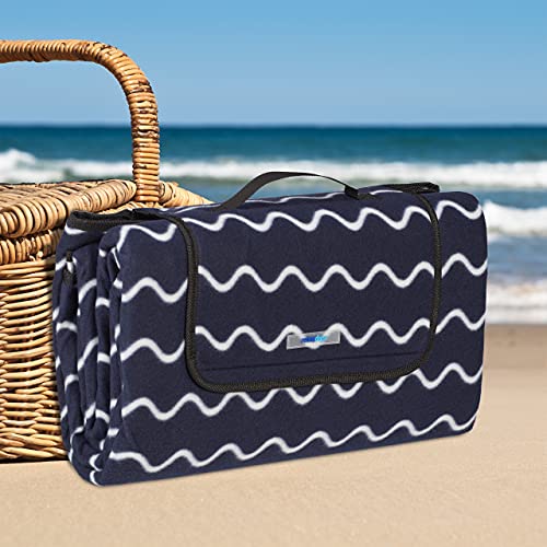 Relaxdays XXL picnic blanket, 200 x 200 cm, fleeced beach & camping mat, insulated & waterproof, portable, dark blue, Polyester