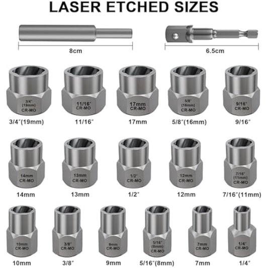 TOPEC 18-Piece Bolt Extractor Set, Rounded Bolt Remover Tool, Impact Bolt & Nut Extractor Set, 3/8" Drive Bolt Extractor Kit, for Removing Stripped, Damaged, Frozen, Rusted, Rounded-Off Bolts & Nuts