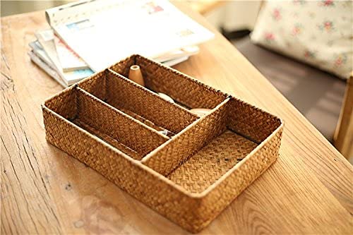 DECRAFTS Seagrass Storage Basket with Compartments Utensil Tray for Organization Silverware Flatware Rectangular Shelf Baskets with 4 Sections Natural