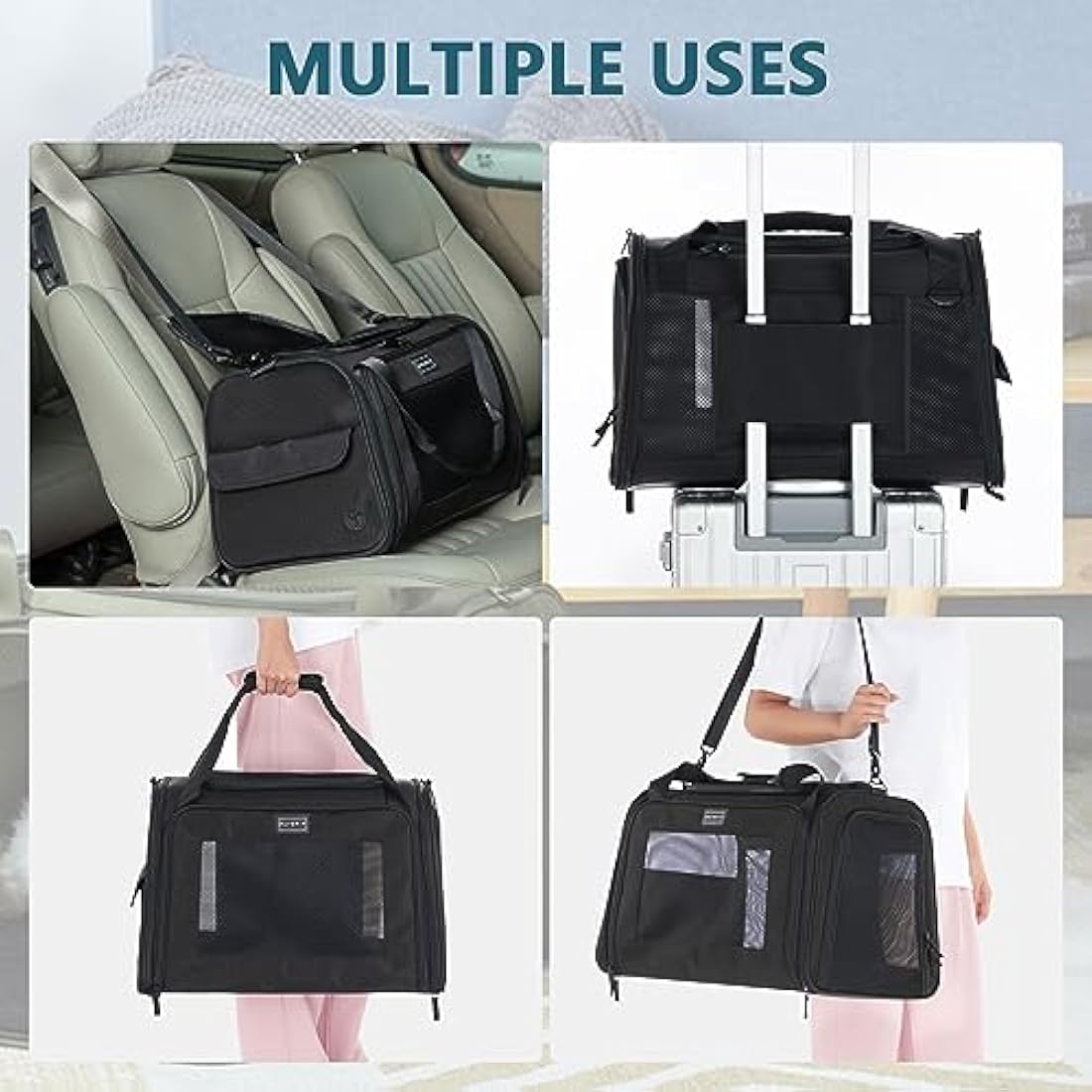 Petsfit Pet Carrier Large Cat Carrier Soft Sided, Dog Carriers with Expandable mat and Quadrangle Oxford Fabric Lightweight Pet Carrier Bag for Cat and Small Dogs,Black