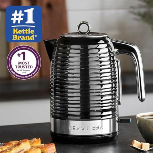 Russell Hobbs Inspire Electric 1.7L Cordless Kettle (Fast Boil 3KW, Black premium textured plastic, high gloss finish, Removable washable anti-scale filter, Pull off lid, Perfect pour spout) 24361
