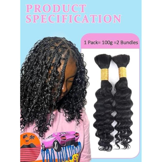 Sexycat Deep Curly Human Braiding Hair for Boho Braids 2 Bundles 16 Inch 100g,#1B Natural Black Water Wave Bulk Human Hair for Micro Braiding Wet and Wavy Bundles Hair Extensions