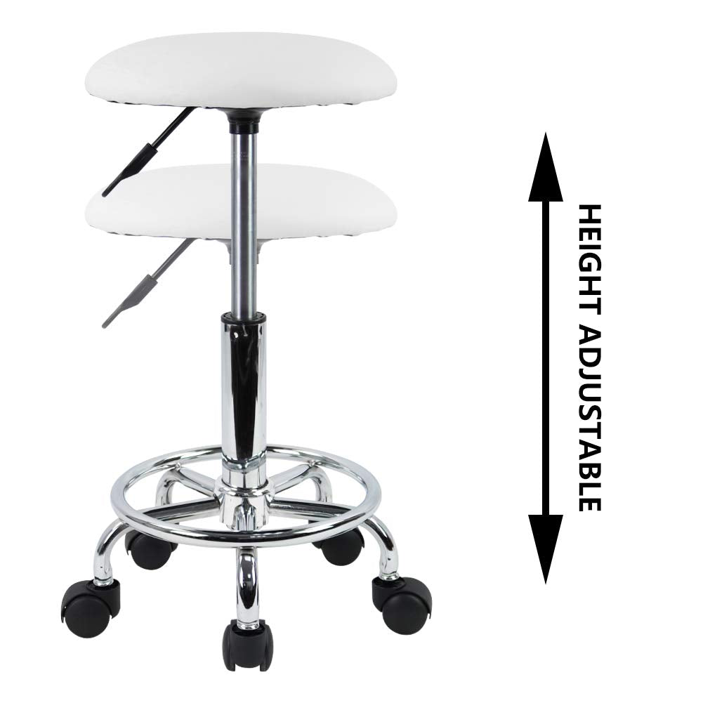 KKTONER Swivel Rolling Stool Height Adjustable PU Leather Cushion Salon Vanity Massage Office Stool Chair Small White