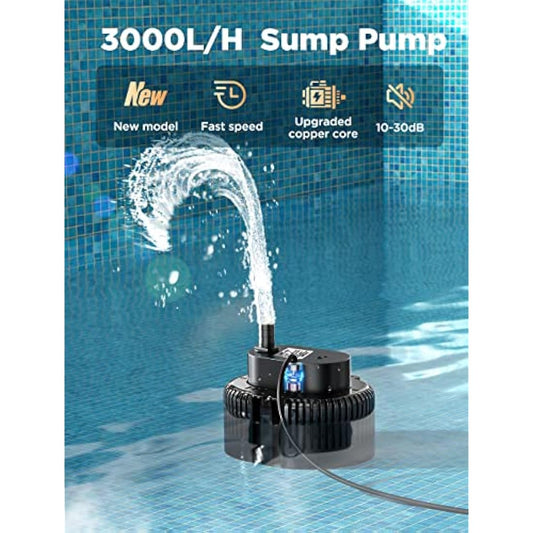 Lnicez 𝟯𝟬𝟬𝟬𝐋/𝐇 Submersible Water Pump, Powerful Portable Water Pump(75W) with 5m Drainage Hose & 7.5m Upgraded Power Cord for Swimming Pools, Fish Tank, Pond,3 Nozzles