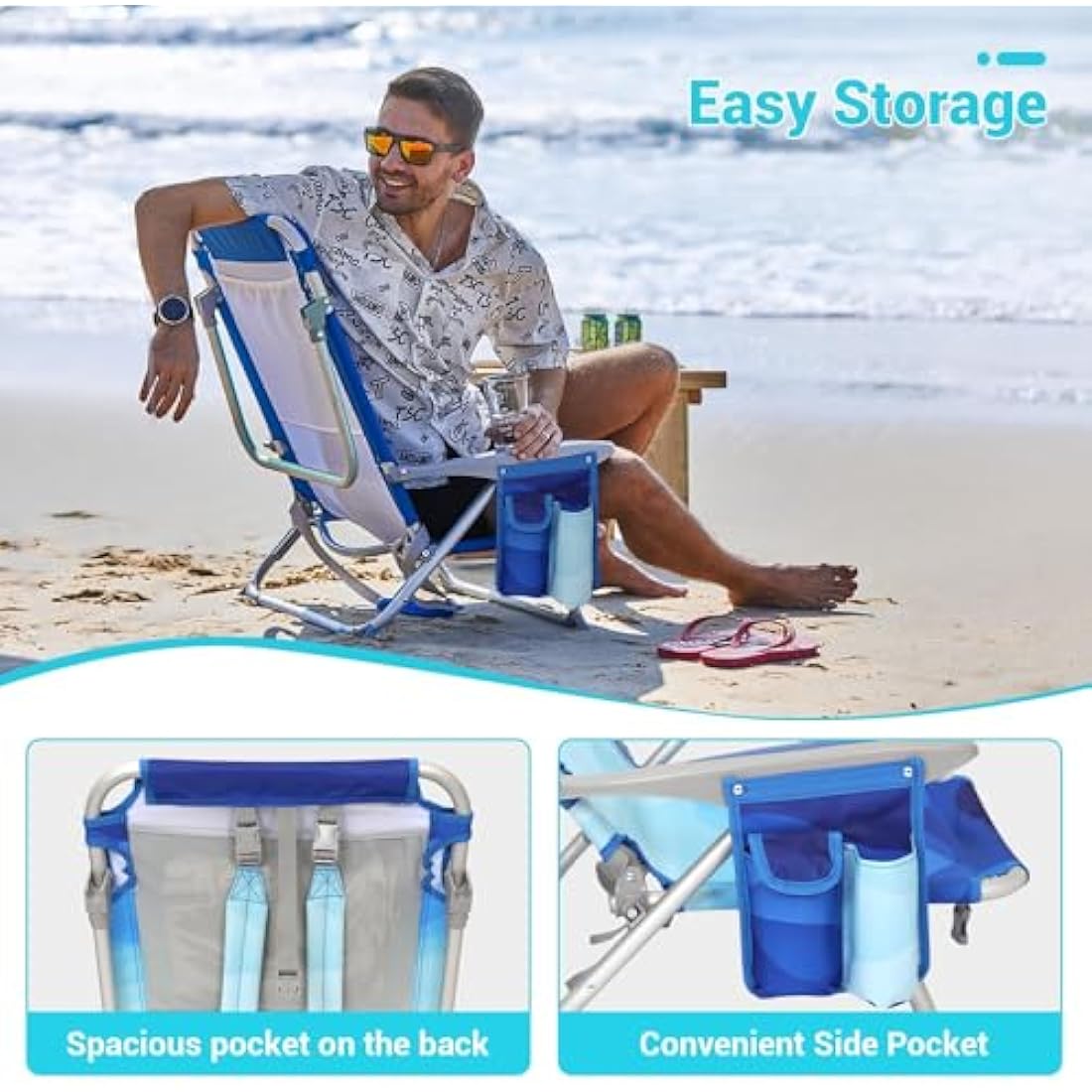 #WEJOY 4-Position Adjustable Beach Chair for Adults, Folding Low Camping Chairs Aluminum Lightweight & Portable, High Back Pillow Pocket Outdoor Reclining Garden Chair