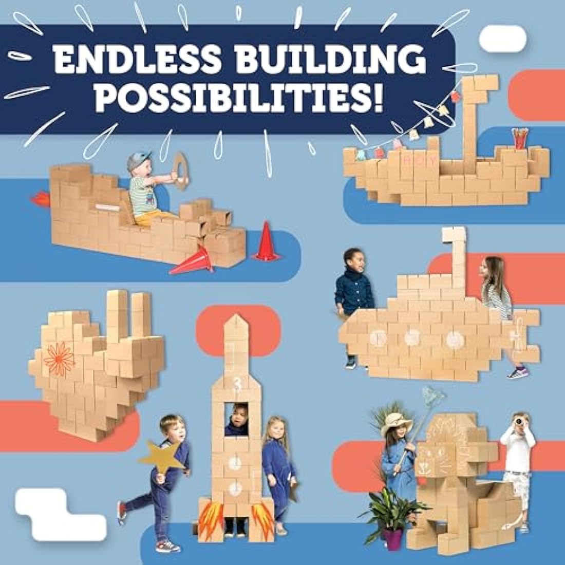 GIGI BLOKS 60 XXL Large Building Blocks for Kids Stackable & Interlocking | Children's Cardboard Building Bricks, Sturdy and Easy to Assemble | Creative & Educational Real-Size Kids Construction Toys