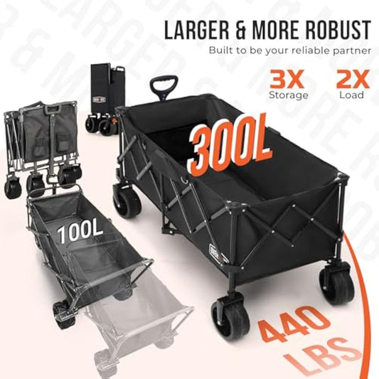 Overmont 300L Extra Large Folding Festival Trolley Cart - All-terrain Wide Wheels and Brake - Heavy Duty Cart Load up 200KG - with Adjustable Handle & Cover Bag - Wagon for Beach Camping Garden