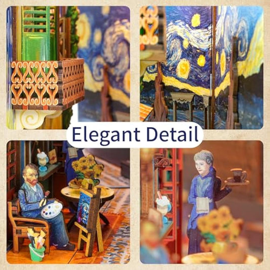 Tonecheer DIY Book Nook Kit Wooden Model Kit 3D Puzzle for Adults to Build Miniature House Craft Kit Booknooks Kits with Light Book Shelf Decor Christmas Birthday Gifts(Vincent's World)