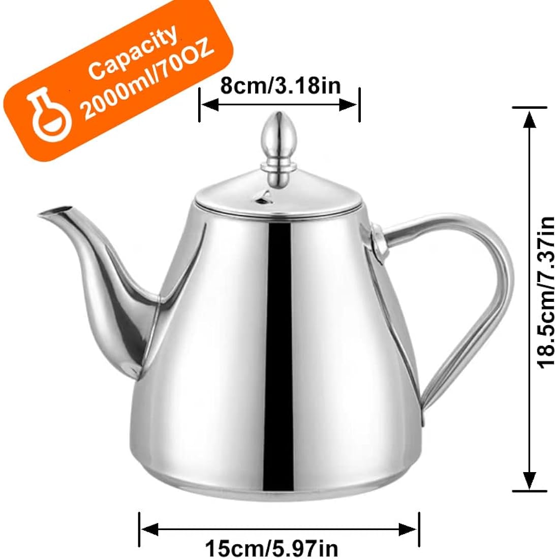 SANQIAHOME Stainless Steel Teapot Coffee Servers 70oz(2.0 litres) 6-8 Cups,Easy Pour Silver Tea Pot