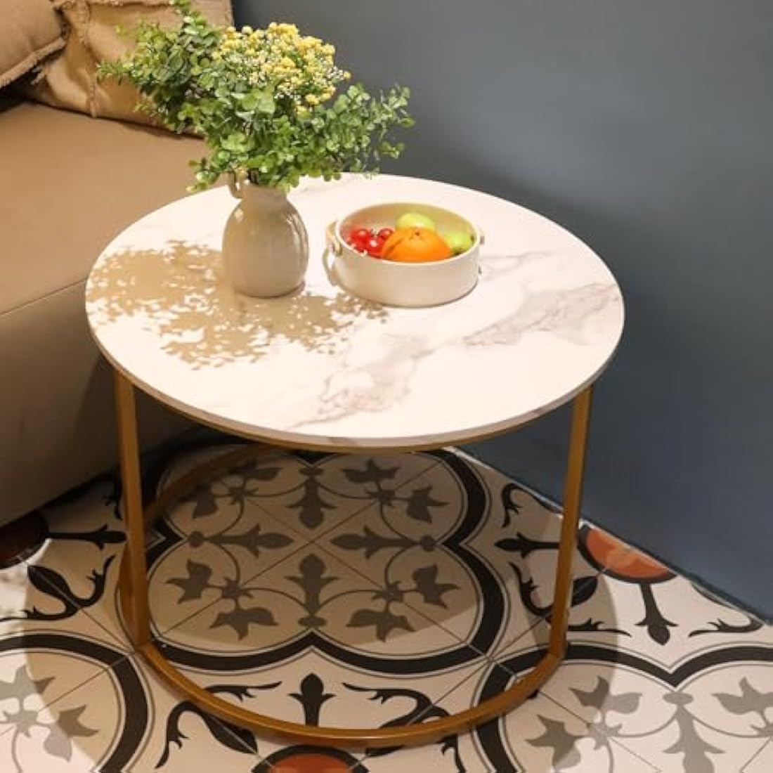 Huhote Round Coffee Tables, Set of 2 End Table, Nesting Tables, Side Table with Metal Frame for Living Room/Bedroom/Balcony/Office/Apartment, Diameter 23.6/15.7 IN (Gold Frame, White Marble Top)