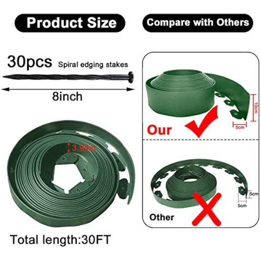 Flexible Lawn Edging 10m,Plastic Garden Edging Border Extra Tall 10cm Hightwith 30pcs Securing Pegs, Landscape Edging Kit Mini Fence for Flower Beds Pavement-Green