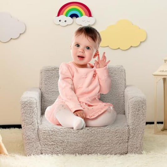 BEJOY Kids Sofa Bed 2-in-1 Flip Out Cuddly Sherpa Toddler Couch Convertible Sofa to Lounger Children Sofa Bed Children's Day and Birthday Gift for Girls Boys, Light Grey