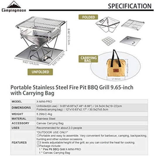 Campingmoon Tabletop Small Charcoal Grill Mini Portable Fire Pit 24.5 cm Stainless Steel with Carry Bag X-MINI-PRO