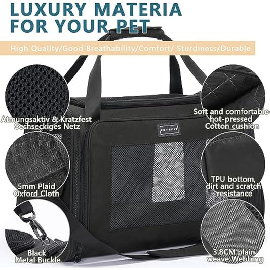 Petsfit Pet Carrier Large Cat Carrier Soft Sided, Dog Carriers with Expandable mat and Quadrangle Oxford Fabric Lightweight Pet Carrier Bag for Cat and Small Dogs,Black