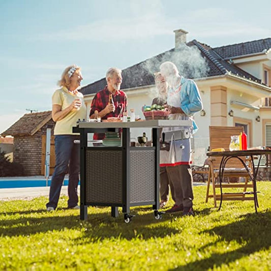Onlyfire BBQ Storage Cart Table,Garden Serving Trolley Table With Seasoning box and Closed Storage Space,for Outdoor Grilling and Cooking