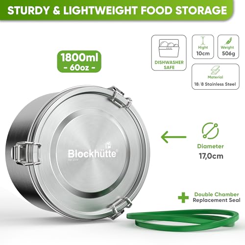Blockhtte Stainless Steel Lunch Box, Round I 1800ml with Spork I Tiffin, Stainless Steel Food Containers Leakproof Bento Metal Lunch Box for Adults