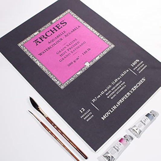ARCHES Aquarelle 100% Satin 300 g Glued Pad A3 12 sheets Natural White