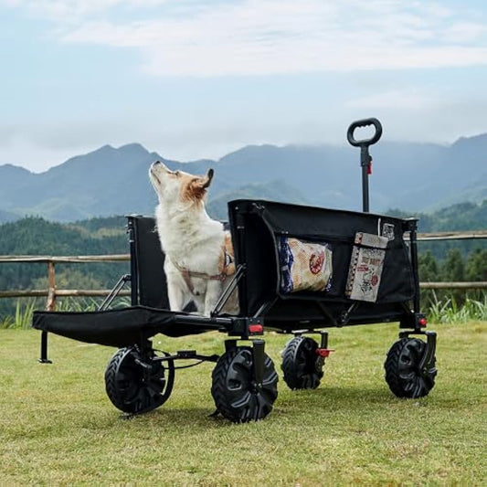 TIMBER RIDGE Festival Trolley 300L with Brakes, Folding Beach Trolley Cart with Tailgate, 135kg Collapsible Wagon Detachable Wide Wheels & Adjustable Handle for Outdoor Camping Garden, Black