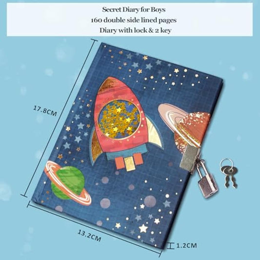GINMLYDA Secret Diary with Lock for Boys, 7x5.25 Inches 160 Lined Pages Shakable Sequin Boy Diary Spacecraft Journal for Kids Notebook Boys Gifts for Birthday Presents Toys 5 6 7 8 9 10 Year Old