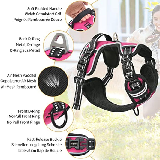 HEELE No Pull Dog Harness, Release on Neck, Reflective Adjustable with Front Back 2 Leash Attachments and Soft Padded Control Handle for Small Medium Large Dogs, Fuchsia, M
