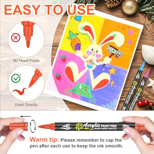 NICETY Acrylic Paint Pens Paint Markers - 60 Colours Dual tip Brush Paint Markers for Rock Painting Stone Wood Glass Ceramic - Fine & Brush Tip Water Based Acrylic Markers pens