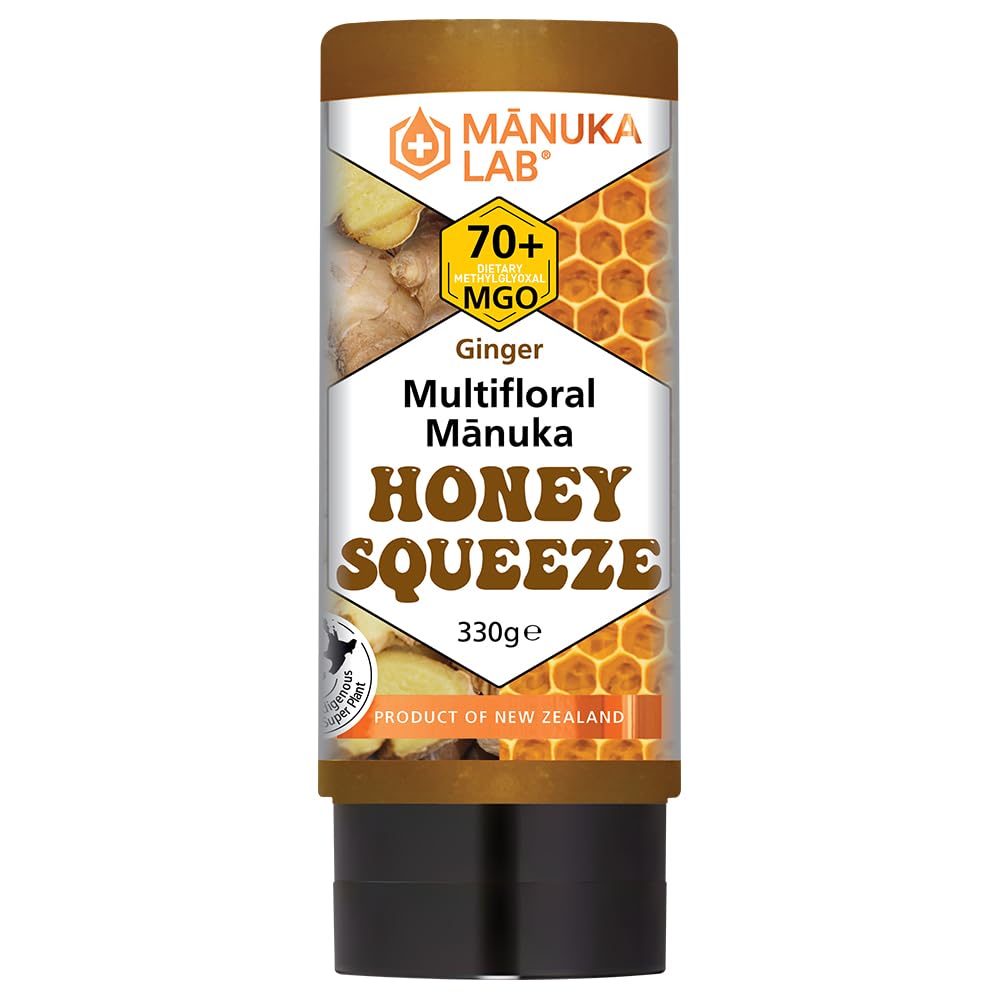 Manuka Lab| Manuka Honey 70+ MGO Squeeze Bottle - 330g (Ginger Flavour) | Premium New Zealand Manuka Honey for Immune Support and Sore Throat Relief |