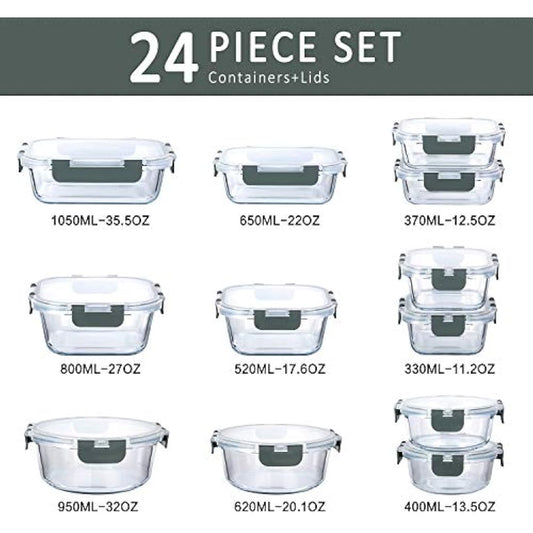MCIRCO 24-Piece Glass Food Storage Containers with Snap Locking Lids, Glass Meal Prep Containers Set, Airtight Lunch Containers, Microwave, Oven,Freezer and Dishwasher Friendly